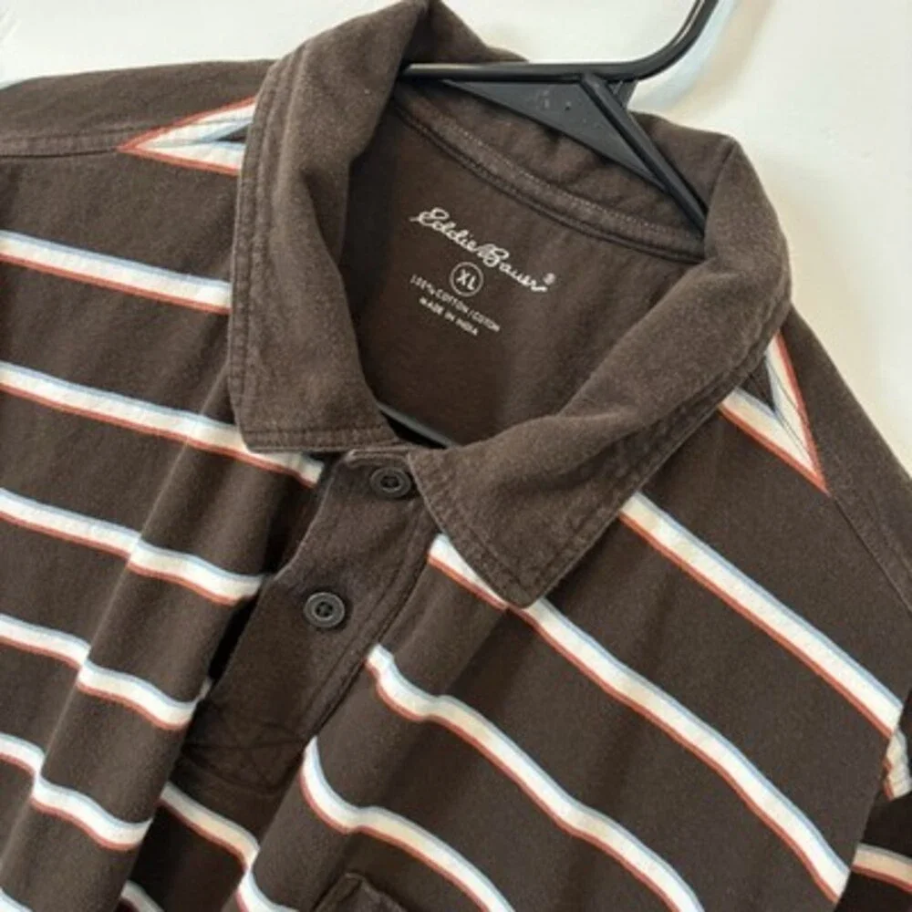 Eddie Bauer Men's XL Striped Short Sleeve Collared Cotton Polo Shirt, Brown